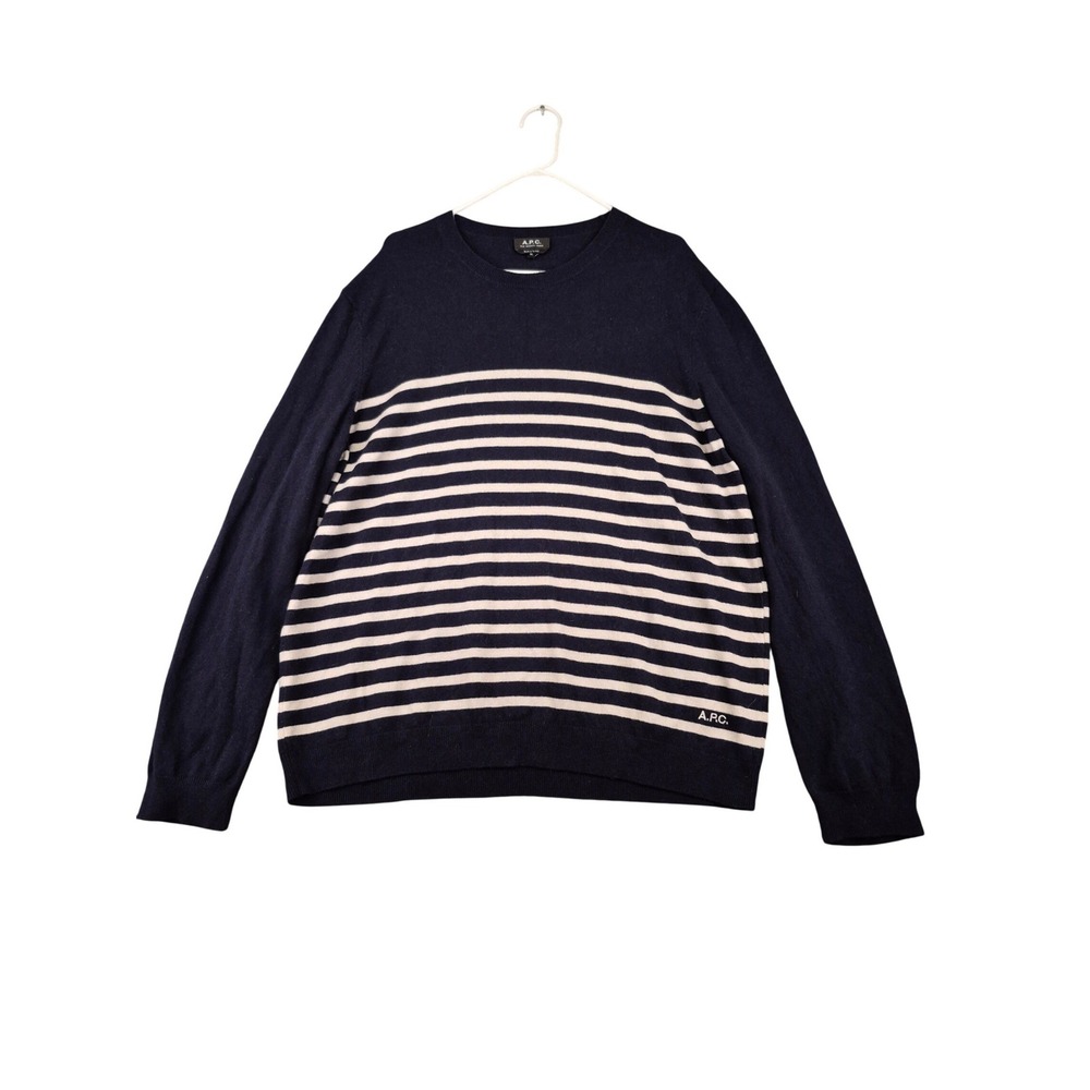 APC Mens Navy White Striped Cashmere Cotton Crewneck‎ Sweater Turkey XL H23156